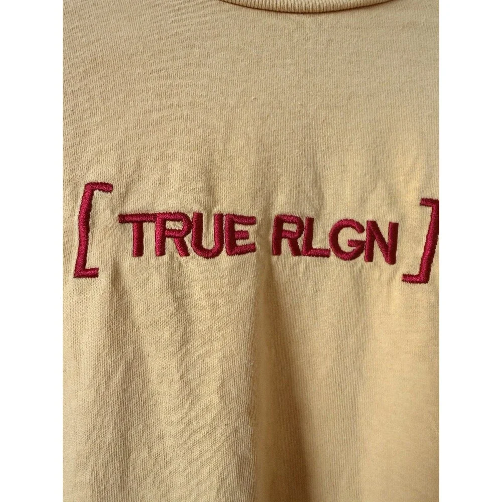 True Religion XL Long Sleeve T Shirt Yellow Embroidered Logo USA Made Cotton Y2K